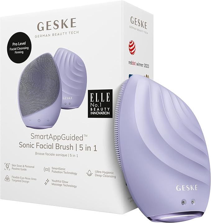 GESKE SmartAppGuided™ Sonic Facial Brush 5 in 1 | Vibrating Electric Facial Cleansing Brush | Soft Silicone Brush | Professional Facial Cleanser | Skin Cleanser & Exfoliator | Face Massager