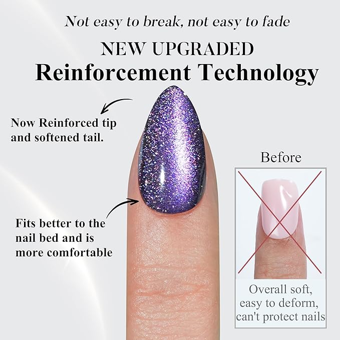 Cat Eye Press on Nails Short, Jofay Fashion Stylish Purple Press on Nails Almond, Soft Gel Fake Nails, Reusable & Natural Acrylic False Nails, Glue on Nails Kit for Women Gift 32 Pcs