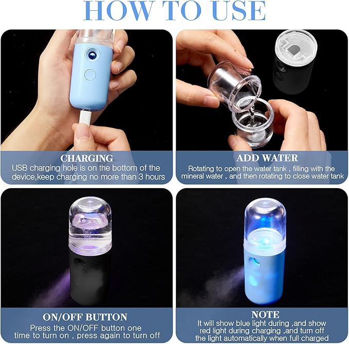 Honoson 2 Nano Facial Mister Sprayer Portable Face Nano Mister for Eyelash Extensions USB Rechargeable 1 oz Handy Skin Care Machine for Face Hydrating, Daily Makeup(Black and Blue)