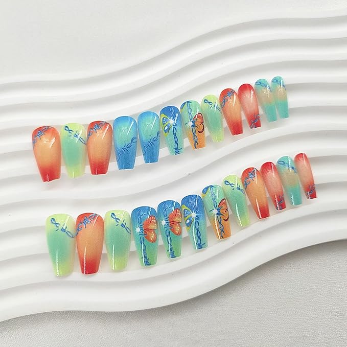 Thanksgiving Press on Nails Coffin Medium False Nails Color Glue on Nails with Butterfly Patterns Blooming Designs Fall Nails Press ons Glossy Artificial Fake Nails for Girls and Women 24Pcs