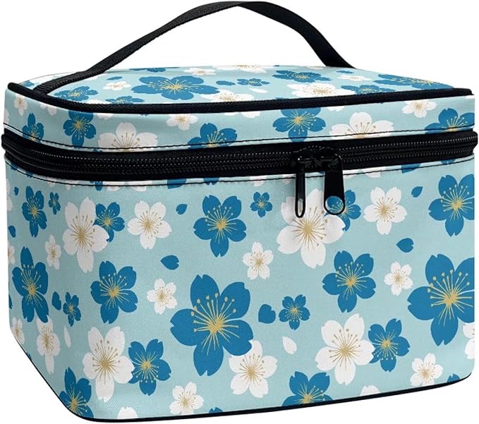 Blue White Cherry Blossom Pattern Travel Makeup Bags for Women Portable Tote Cosmetic Case with Carry Handle Daisy Floral Toiletry Accessories Storage Organizer Bags