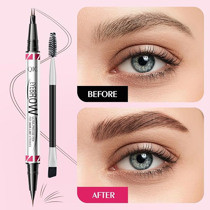 Eyebrow Pencils for Women, 2-in-1 Dual-Ended Microblading Eyebrow Pencil Waterproof with 2 Fork Tip and Spoolie Brush for Hair-Like Natural Brows Eyebrow pen, Non-Dry, Last All-Day (Light Brown)