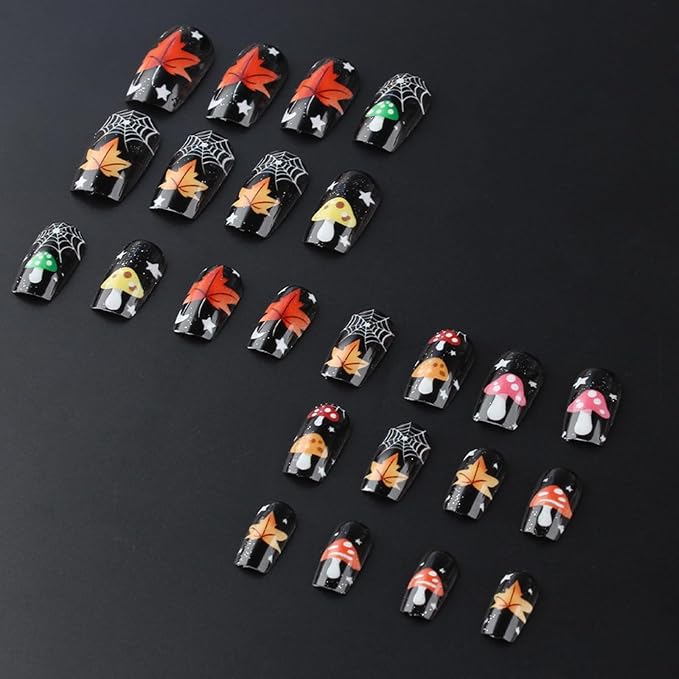 Fall Press on Nails Thanksgiving Maple Leaf Fake Nails Black Glossy False Nail with Cute Colorful Mushroom Designs Medium Square Acrylic Nails Halloween Spider Web Glue on Nail for Women