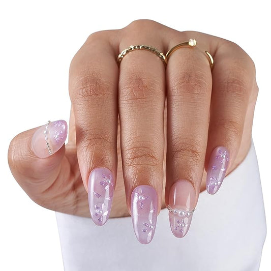 Large-Lavender Pearl Blossom French Tip Press-On 10 Nails Manicure Kit for Women | Custom Handcrafted Nail Glue, Dual Nail File, Cuticle Stick & Buffer Block | Measure Before Ordering