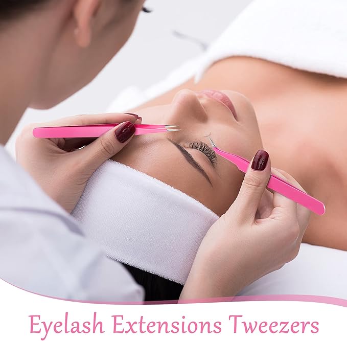 High Precision Lash Tweezers Set 6 Pack Stainless Steel Eyelash Extension Tweezers for Classic, Volume, Mega Volume Lashes, Facial Hair, Eyebrow, Hair Removal, Crafting Making(Pink)