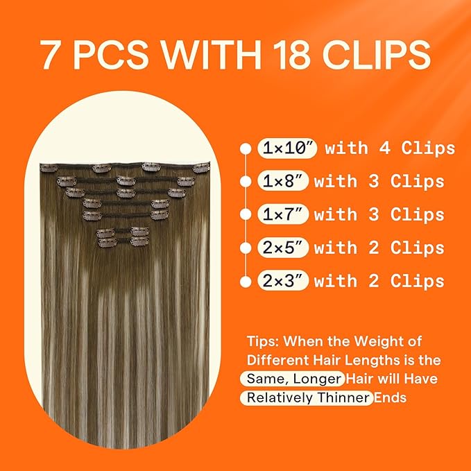 Full Shine Clip in Hair Extensions Human Hair Brown Balayage Hair Extensions Clip ins Real Human Hair Brown Ombre Platinum Blonde Clip in Extensions Straight 16 Inch 7 Pcs 120 G