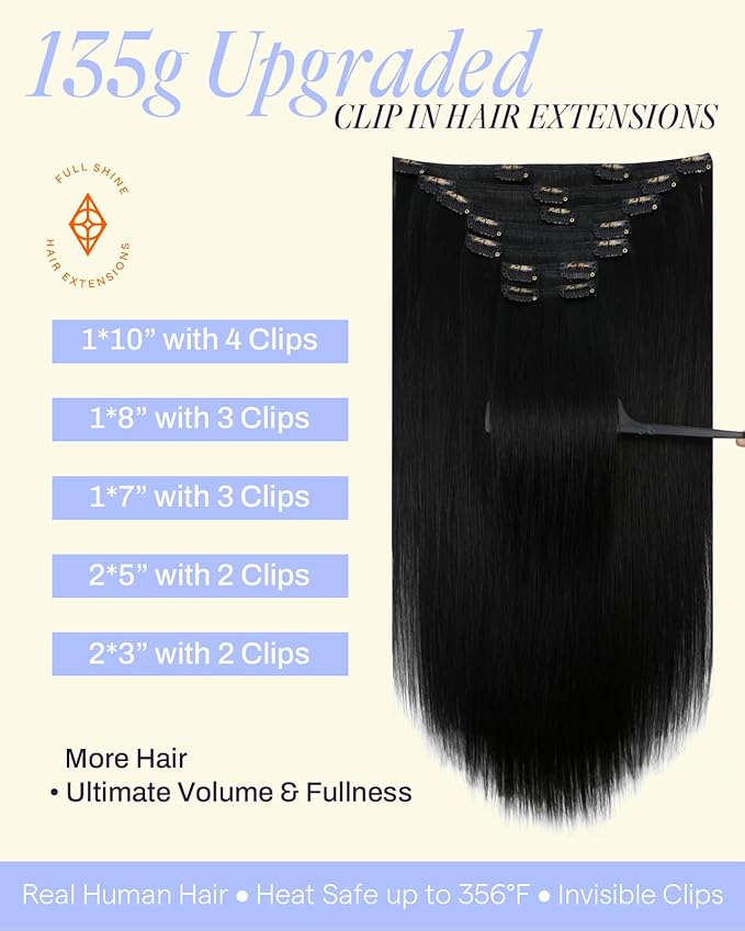 Full Shine Black Hair Extensions Clip in Human Hair 135 G Human Hair Clip in Extensions Black Woman Clipins Hair Extensions That Can Be Styled 16 Inch 7 Pcs