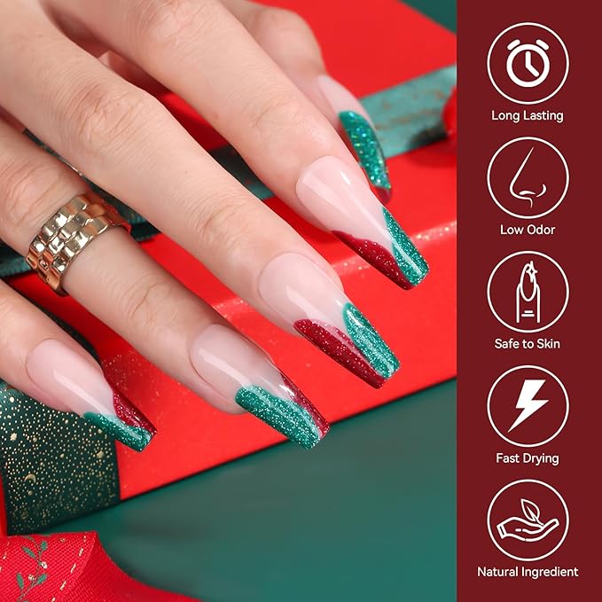 Makartt Christmas Glitter Gel Nail Polish Set - 2 Pcs 15ml Shimmer Gel, UV Soak Off for Nail Art Design, DIY Home Salon Winter Manicure Gift, Tinsel Green & Glistening Cheer