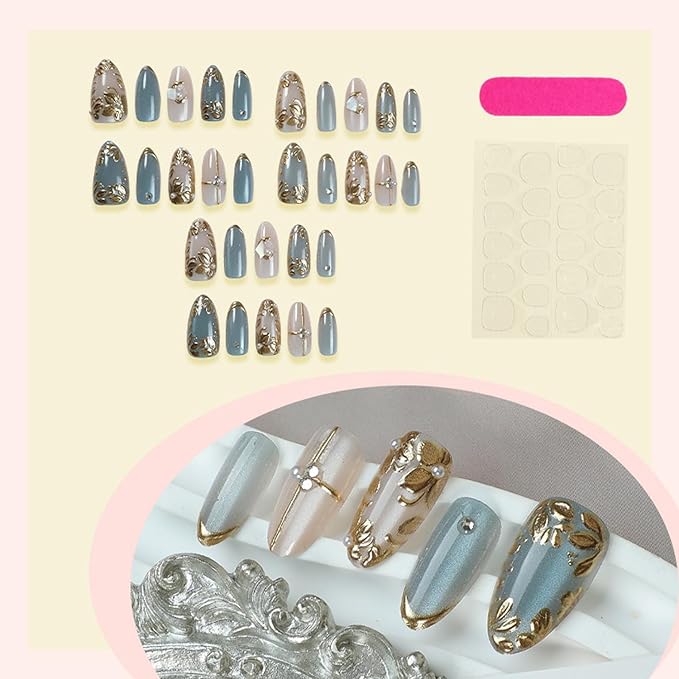 30Pcs Light Blue Press on Nails Medium Fake Nails Golden Leaf Almond Nails with Rhinestone Pearl Design Metallic Line French Manicure Tips Handmade Press on Cute Stick on Nails for Women