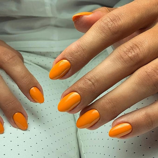 Orange Press On Nails - Short Almond Shape, 24pcs Natural Acrylic Gel, Thick Solid Color Glue Ons