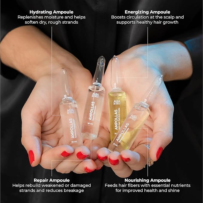 Agua de Cielo Hair Ampoules Set - Intensive Hair Treatment for Damaged Hair, Nourish, Hydrate, Repair & Energize Hair - 4 Ampoules of 10ml