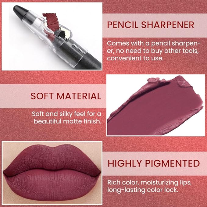 Purple Brown Crayon Matte Lipstick Lip Liner Pencil, Moisture Smooth Lipstick Pencil, With pencil sharpener Sharpenable Lip Pencil, Ultimate Lip Crayon for Women Smudgeproof Waterproof 15#
