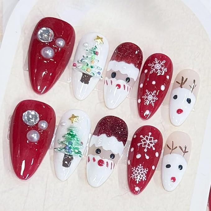 24Pcs Christmas Press on Nails Medium Almond False Nails Winter Artificial Glue on Nails with Xmas Tree Santa Claus Elk Designs Christmas Fake Nails Red White Full Cover Cute Stick on Nail for Women