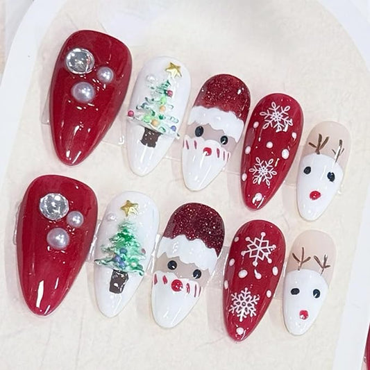 24Pcs Christmas Press on Nails Medium Almond False Nails Winter Artificial Glue on Nails with Xmas Tree Santa Claus Elk Designs Christmas Fake Nails Red White Full Cover Cute Stick on Nail for Women