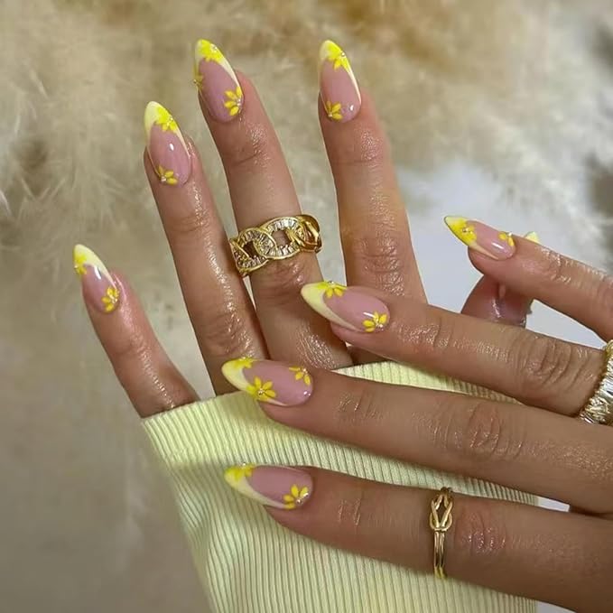 Yellow French Tip Press on Nails Spring Flower Fake Nails with Pearl Design Glossy Glue on Nails Reusable Artificial Acrylic Full Cover Stick on Nails Medium Almond False Nail for Women Manicure 24Pcs