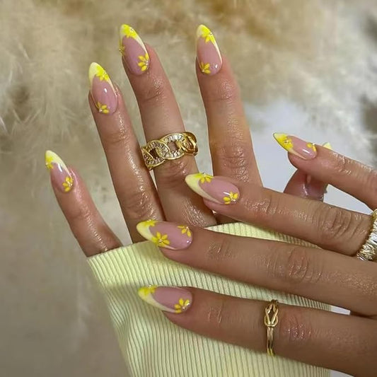 Yellow French Tip Press on Nails Spring Flower Fake Nails with Pearl Design Glossy Glue on Nails Reusable Artificial Acrylic Full Cover Stick on Nails Medium Almond False Nail for Women Manicure 24Pcs