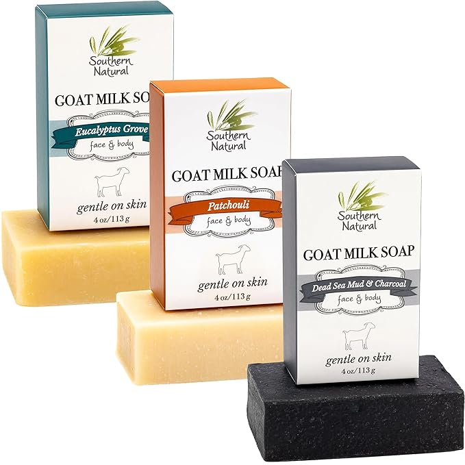 Southern Natural Goat Milk Soap Bar (Variety 3 Pack) Dead Sea Mud & Charcoal, Patchouli, Eucalyptus Grove - For Dry Sensitive Skin. Great For Face and Body.(Each Bar 4-4.5 oz)