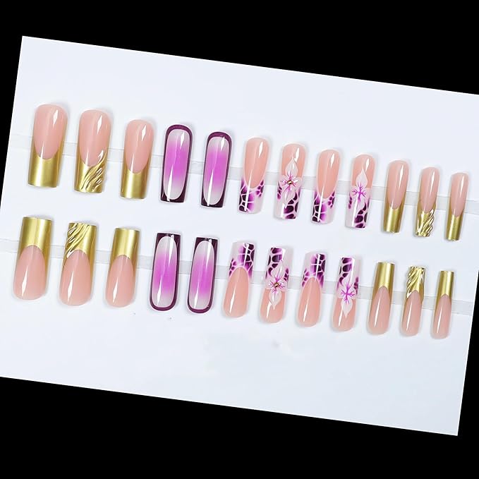 BABALAL Long Press on Acrylic Nails Square Fake Nails Purple Ombre Lavender French Tip Glue on Gold Chrome 3D Design 24Pcs Squoval Handmade Diy Full Cover Nails for Women Girls