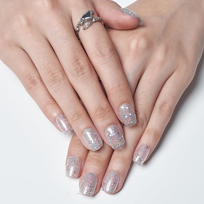 GLAMERMAID Press on Nails Extra Short Square, Spring Summer Handmade Glitter Silver Gel Glue on Nails, Glossy Fake Nails Reusable Acrylic False Nails Manicure Kits for Women