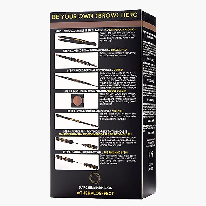 Arches & Halos - Ultimate Brow Hero Kit - Eyebrow Styling Makeup Kit, Pencil, Gel, Shading, Powder, Mousse, Natural and Bold Precise Brow Shaper - Hypoallergenic, Vegan - 7 Pc Kit, Medium