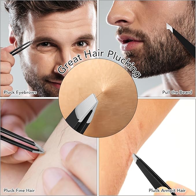 Tweezers Set for Facial Hair Women, 8Pcs Precision Eyebrow Tweezer Nail Clipper Set Eyebrow Pluckers Men for Ingrown Hair Removal(Black)