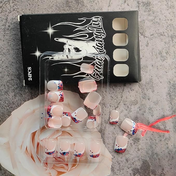 24Pcs Independence Day Nails French Tip Press on Nails Short Square Fake Nails Glitter Star Tip Glue on Nails 4th of July False Nails Patriotic Acrylic Nails for Women Independence Day Artificial Nail