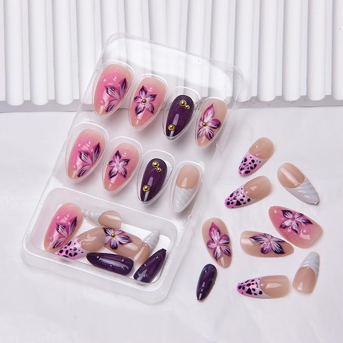 Flowers Fake Nails French Tip Press on Nails 3D Purple Floral Acrylic Nails Medium Almond False Nails with Designs Nail Charm Glue on Nails Soft Gel Wavy Artificial Nails for Women Girls Manicure Art