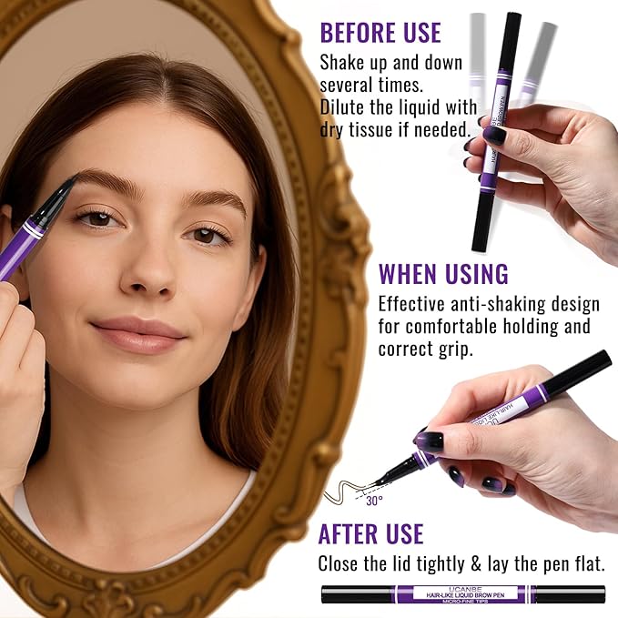UCANBE Eyebrow Pen, Dual-Curved Eyebrow Pencils for Women, 2-in-1 Brow Pencil with 2-Fork-Tip & Precise Brush-Tip for Natural Hair-Like Brows, Waterproof Microblading Brow Pen Last 24Hrs(Light Brown)