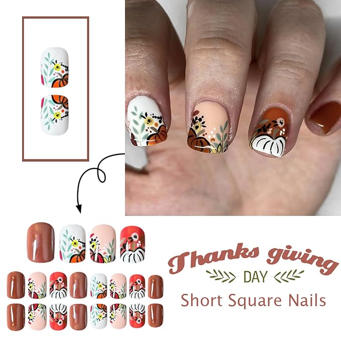 Thanksgiving Press on Nails Short Square Fake Nails Brown False Nail with Pumpkin Floral Designs Fall Glue on Nail Cute Acrylic Nails Reusable Glossy Stick on Fingernails for Women 24Pcs