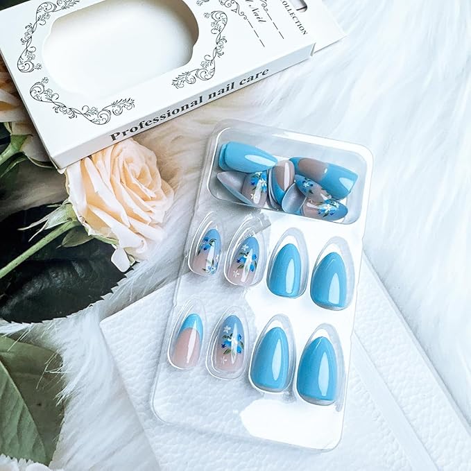24Pcs Blue Press on Nails Medium Almond Nails French Tip Fake Nails with Floral Spring Summer False Nails Gradient Designs Glue on Nails Blue Flower Acrylic Nails Full Cover Nail Tips for Women
