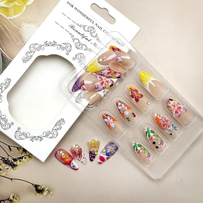 24Pcs Medium Almond Acrylic Flower Press-on False Nails with 3D Colorful Butterfly Gems Design, Glossy Finish, Full Cover, Summer Stick-on Nails for Women
