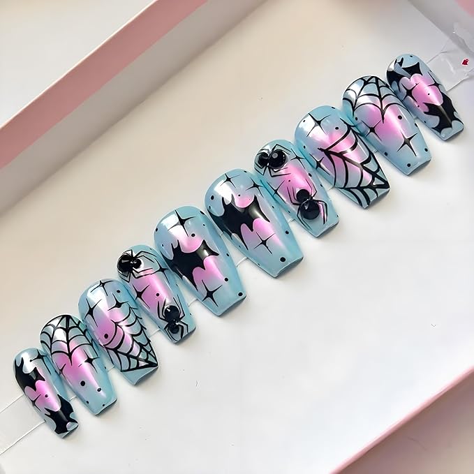 30Pcs Goth Press on Nails Medium Coffin Fake Nails Blue Laser Chrome with Black Spider Bat Glitter Designs Full Cover Y2k Glue on Nails Halloween False Nails Stick on Nail for Women Acrylic DIY