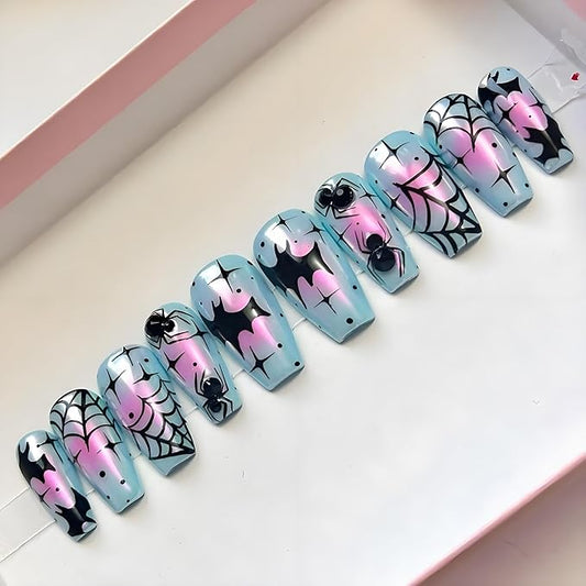30Pcs Goth Press on Nails Medium Coffin Fake Nails Blue Laser Chrome with Black Spider Bat Glitter Designs Full Cover Y2k Glue on Nails Halloween False Nails Stick on Nail for Women Acrylic DIY