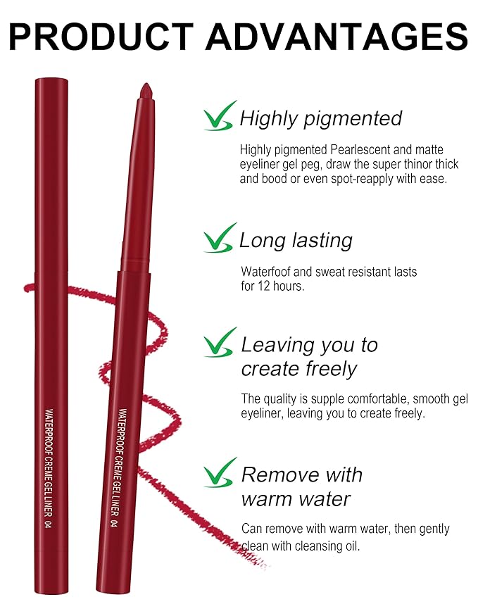 4PCS Dark Red Eyeliner Pencil, Eye Liner Pencils, Waterproof Smudge Proof Long-lasting, High-Pigmented Colorful Eye Liner Pencils, Retractable Eyeliner