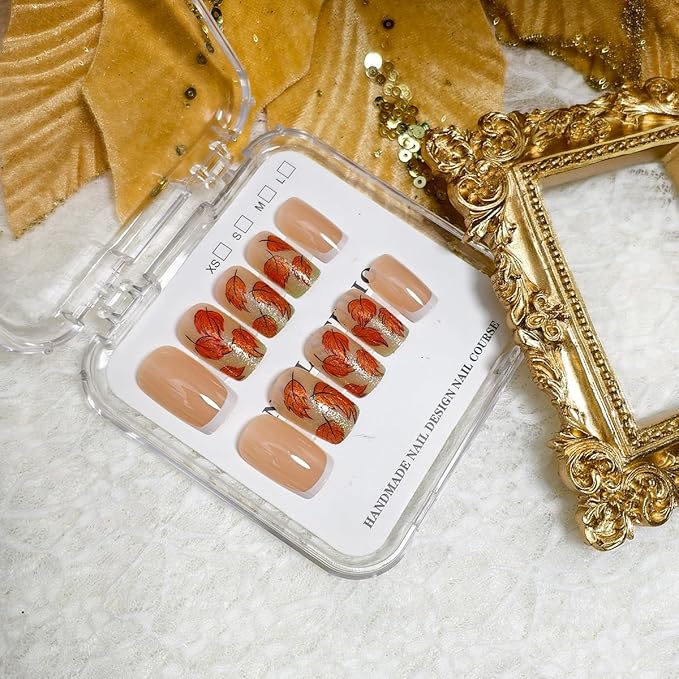 24Pcs White French Tip Press on Nails Short Square Fall Fake Nails with Maple Leaves Designs Glitter Autumn Thanksgiving Glue on Nails Acrylic Fall Nails Press ons for Women Manicure