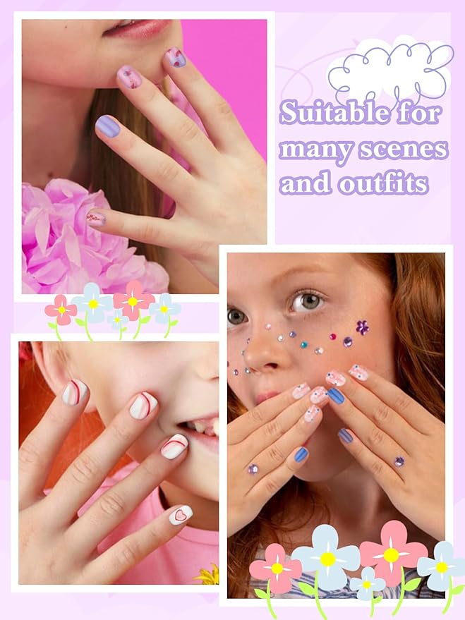 130 Pieces Press on Nails for Kids, EBANKU Child Fake Nails Rainbow Full Cover Short Stick On False Nail Kits Set with Nail Glue for Girl