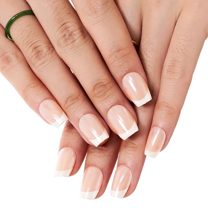 GLAMERMAID Press on Nails Extra Short Square, White French Tip Nude Chrome Spring Handmade Glue on Nails, Glossy Fake Nails Reusable Acrylic False Nails Manicure Kits for Women