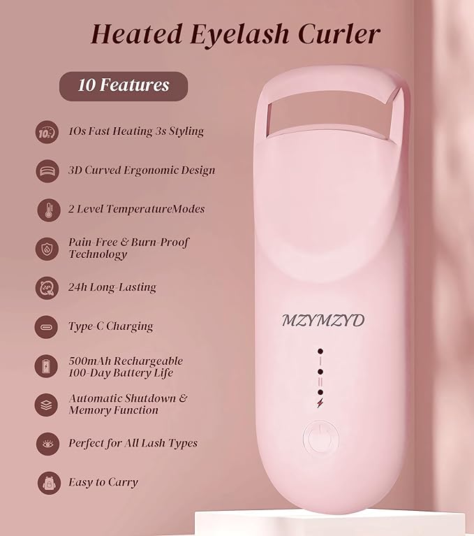 Heated Eyelash Curler, Eyelash Curlers with 10S Quick Heat-Up, 2 Temp Settings, 3S Styling & 24H Long-Lasting Natural Curl, Type-C Recharge, Mini Electric Eyelash Curler for Travel - Pink