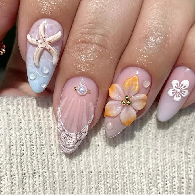 24Pcs Summer Beach Flower Press on Nails Medium Almond Fake Nails 3D Starfish Seashell with Hibiscus Press Ons Full Cover French Tip False Nails Ocean Manicure Decorations for Women Girls Acrylic DIY