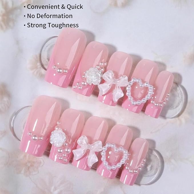 Pink French Tip Press on Nails Medium Square Fake Nails with Designs 3D Bow Flower Heart Rose Pearls False Nails Glossy Glue on Nails Full Cover Acrylic Stick on Nails for Women 24 Pcs