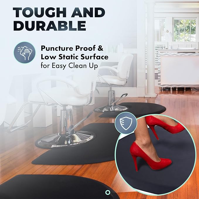 Buy-Rite 3’ x 4’ Anti-Fatigue Salon Mat - 1/2” Thick Semicircle Design with Chair Depression, Puncture-Proof & Low-Static Surface, Easy-Clean Floor Protection Mat for Stylists & Barbers - Black