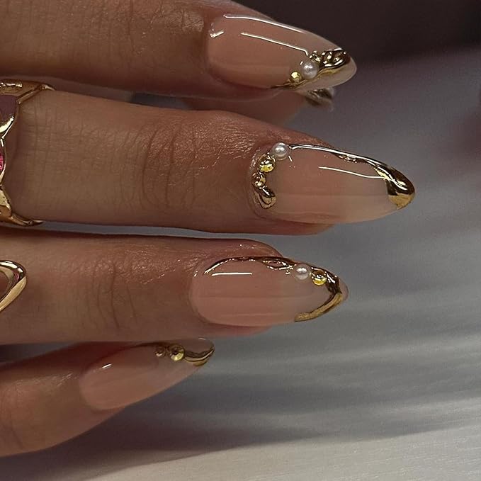 Gold French Tip Press on Nails Medium Almond Fake Nails with Pearl Rhinestone Charms Design 3D Gold Edge False Nails Nude Glue on Nails Elegant Artificial Stick on Nails for Women Girls 24Pcs