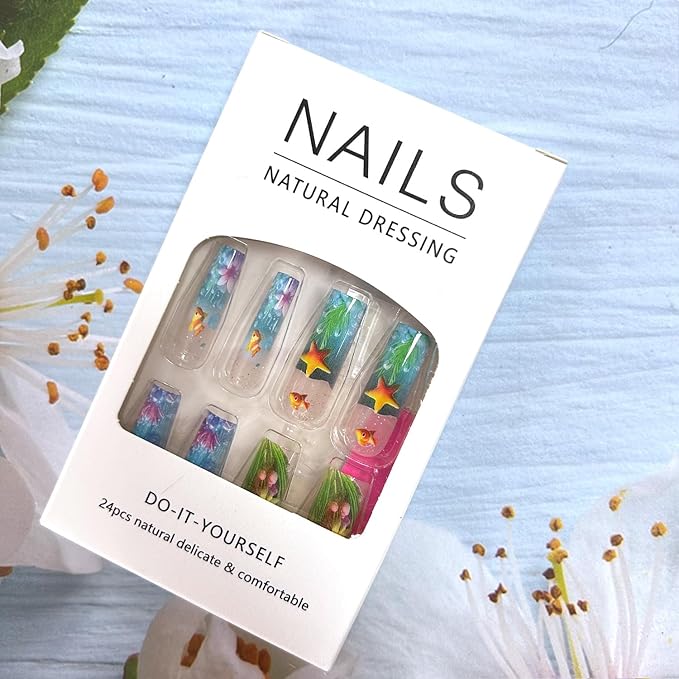 Press on Nails Long Square Blue Ocean Acrylic False Nail Starfish Flower and Fish Pattern Design Full Cover Glossy Artificial Fingernails Square Stick on Nail Reusable Glue on Nails for Women 24Pcs