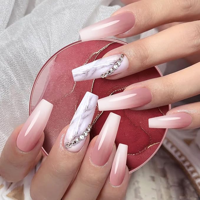 Yivaiks 24 pcs Pink Coffin Press On Nails - Long Glossy Rhinestone Fake Nails With Glue, Full Coverage Marble Acrylic Nails (Pink Ink Fantasy)