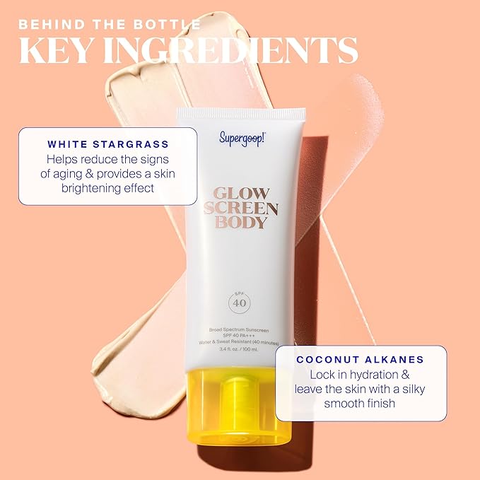 Supergoop! Glowscreen Body SPF 40 PA+++, 3.4 fl oz - Pack of 2 - Body Lotion + Broad Spectrum Sunscreen with Subtle Shimmer - Adds Instant Glow & Hydration - Contains White Stargrass & Coconut Alkanes