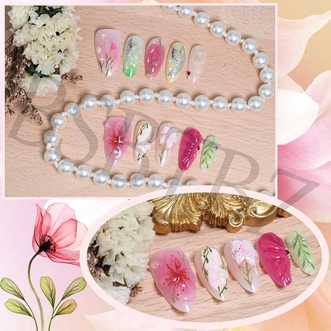 30Pcs Floral Press On Nails Short Almond Nails with Colorful Flower Butterfly Designs Hand-Painted Leaves Stick On Nails Multi-color French Tip Press Ons Handmade Elegant Set for Spring & Summer