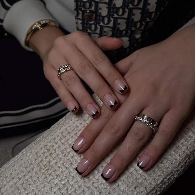 30Pcs Black French Tip Press on Nails Short Square Nails Press ons, Short Fake Nails Coffin Acrylic French Glue on Nail False for Women, Natural15 Sizes