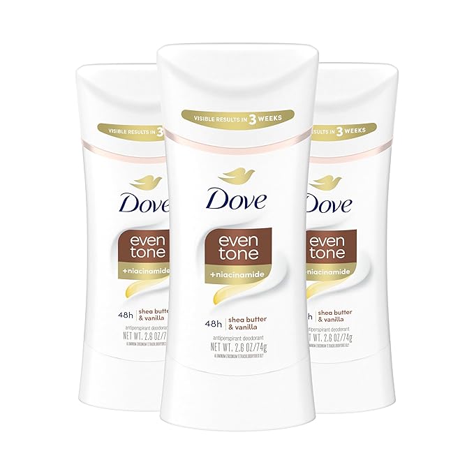 Dove Antiperspirant Deodorant Stick Even Tone Shea Butter & Vanilla Pack of 3 for 48h Odor and Sweat Protection & Skin Restoration, with Niacinamide & Visible Results in 3 Weeks, 2.6 oz
