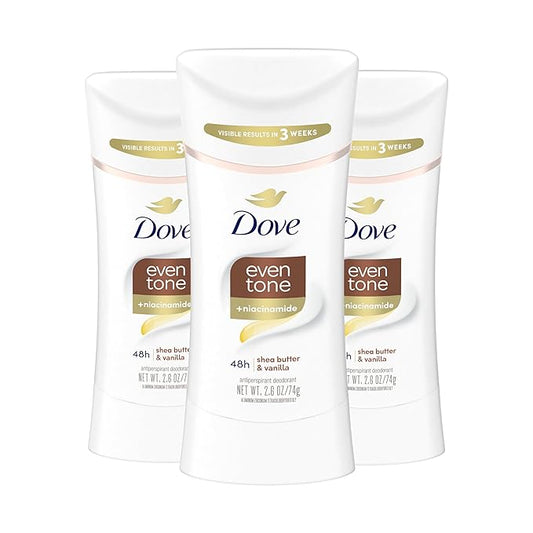 Dove Antiperspirant Deodorant Stick Even Tone Shea Butter & Vanilla Pack of 3 for 48h Odor and Sweat Protection & Skin Restoration, with Niacinamide & Visible Results in 3 Weeks, 2.6 oz