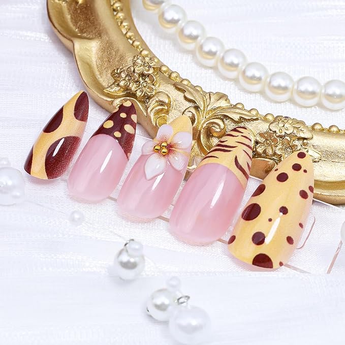 24Pcs Fall Almond Press on Nails Medium French Tip Fake Nails with Gold Beads Design 3D Flower Glue on Nails Brown Leopard Print Artificial Acrylic Nails French Tip Stick on Nails Decoration for Women